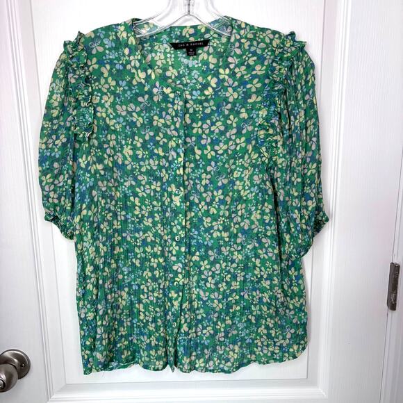 Zac & Rachel Wms M Green Floral Button Front Gauzy Top Ruffle Trim Cottagecore - Picture 11 of 11